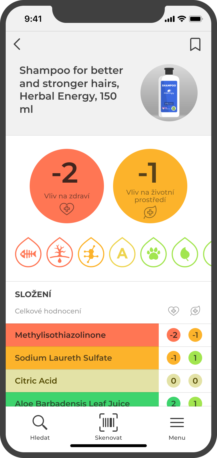 Detail produktu en GreenScan app product evaluation