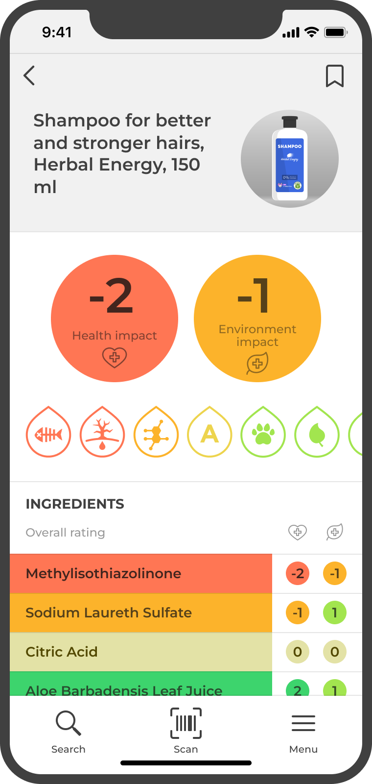 Detail produktu en GreenScan app product evaluation